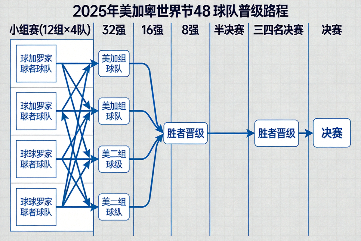 2026年美加墨世界杯48支球队完整晋级对阵图，展示小组赛、32强、16强、8强、半决赛、三四名决赛及决赛路径